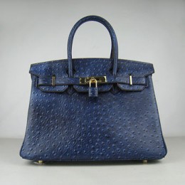 Hermes Birkin 30Cm Ostrich Stripe Handbags Dark Blue Gold